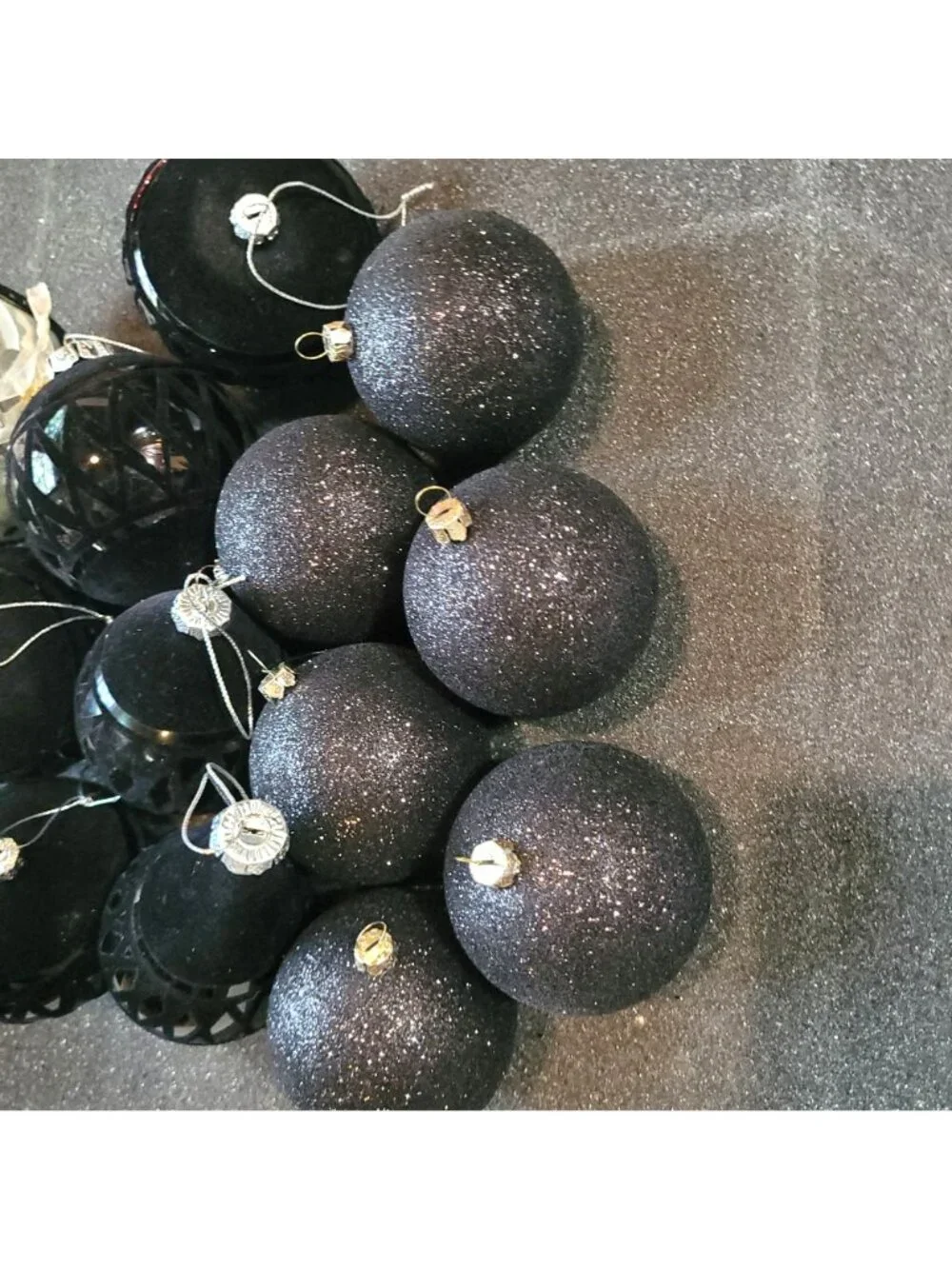 Ornaments Set 14 With Black Texture Velvet & Glitter Intricate Pattern Christmas